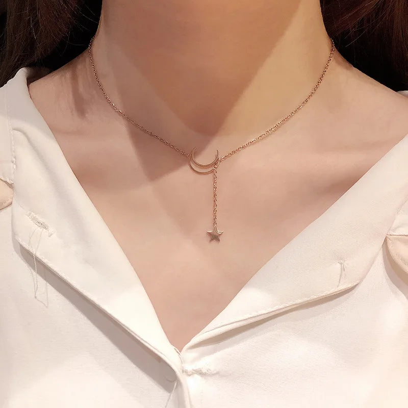 Moon Star Pendant Choker Necklace - Celestial Minimalist Jewelry