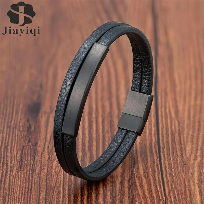 Black Genuine Leather Bracelet - Minimalist Stainless Steel Style
