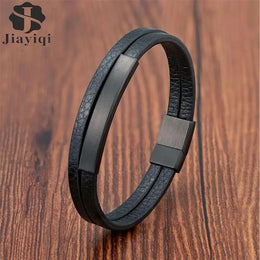 Black Genuine Leather Bracelet - Minimalist Stainless Steel Style
