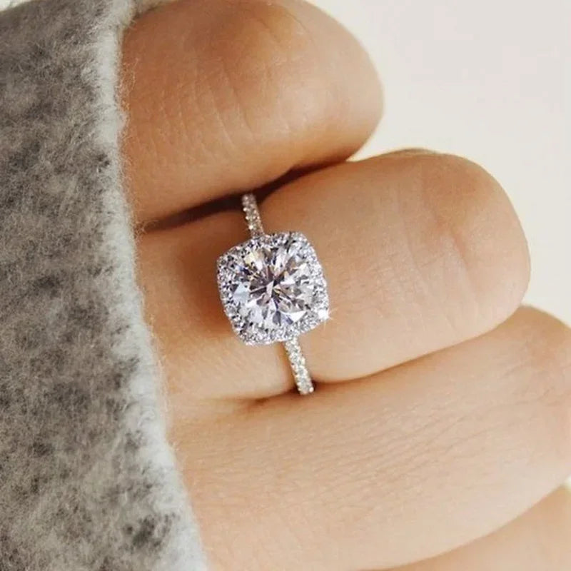 Classic Silver Zircon Engagement Ring - Brilliant Solitaire Wedding Band