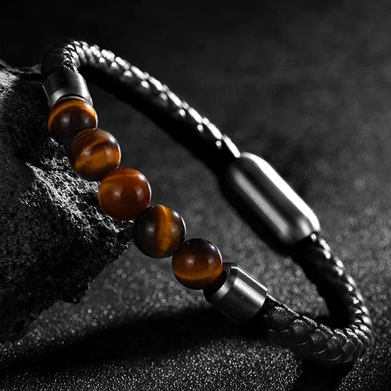 Black Tiger Eye Leather Bracelet - Lava Stone Chakra Beads & Magnetic Clasp