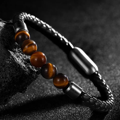Black Tiger Eye Leather Bracelet - Lava Stone Chakra Beads & Magnetic Clasp