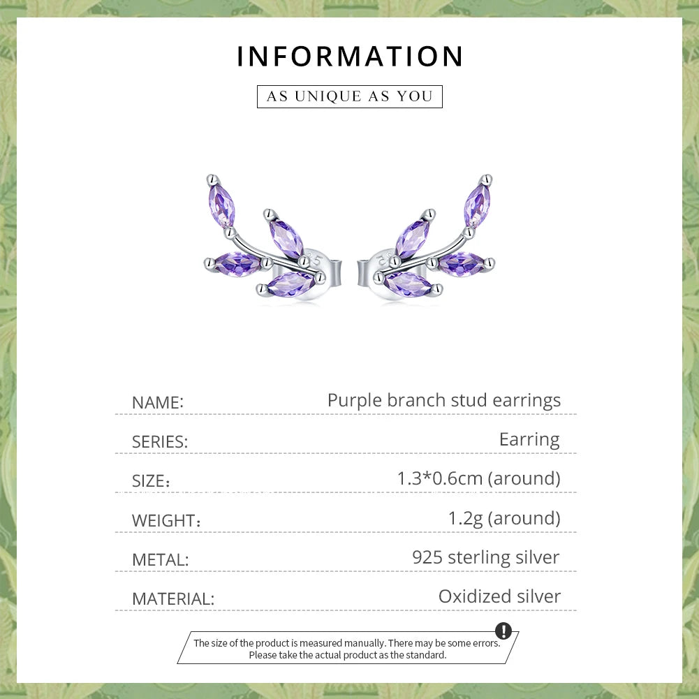 Genuine 925 Sterling Silver Purple Branch Stud Earrings - Fine Jewelry