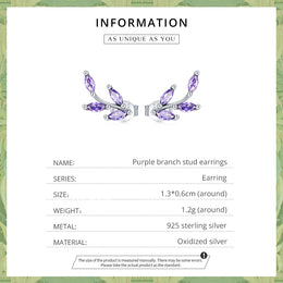 Genuine 925 Sterling Silver Purple Branch Stud Earrings - Fine Jewelry