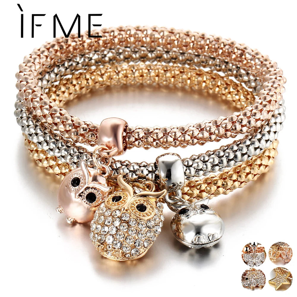 3 Pcs/Set Crystal Owl Crown Charm Bracelets - Vintage Trendy Collection