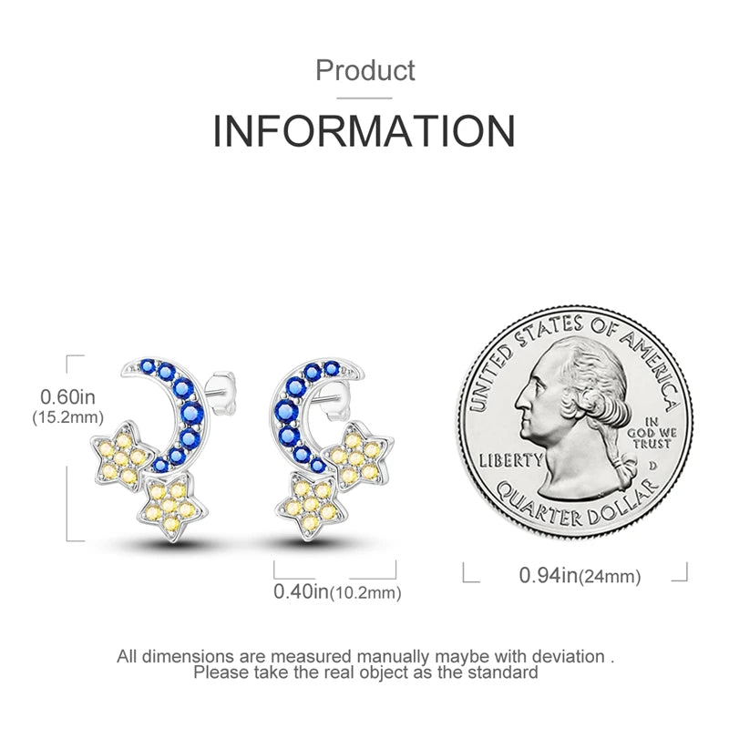 Sparkling Blue Zircon Star Moon Stud Earrings - 925 Sterling Silver Jewelry