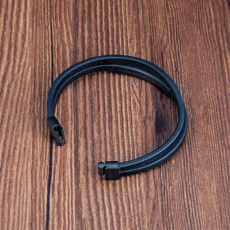 Black Genuine Leather Bracelet - Minimalist Stainless Steel Style