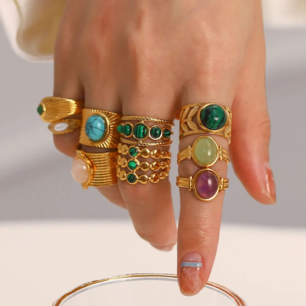Natural Stone Stainless Steel Ring - Classic Round Design
