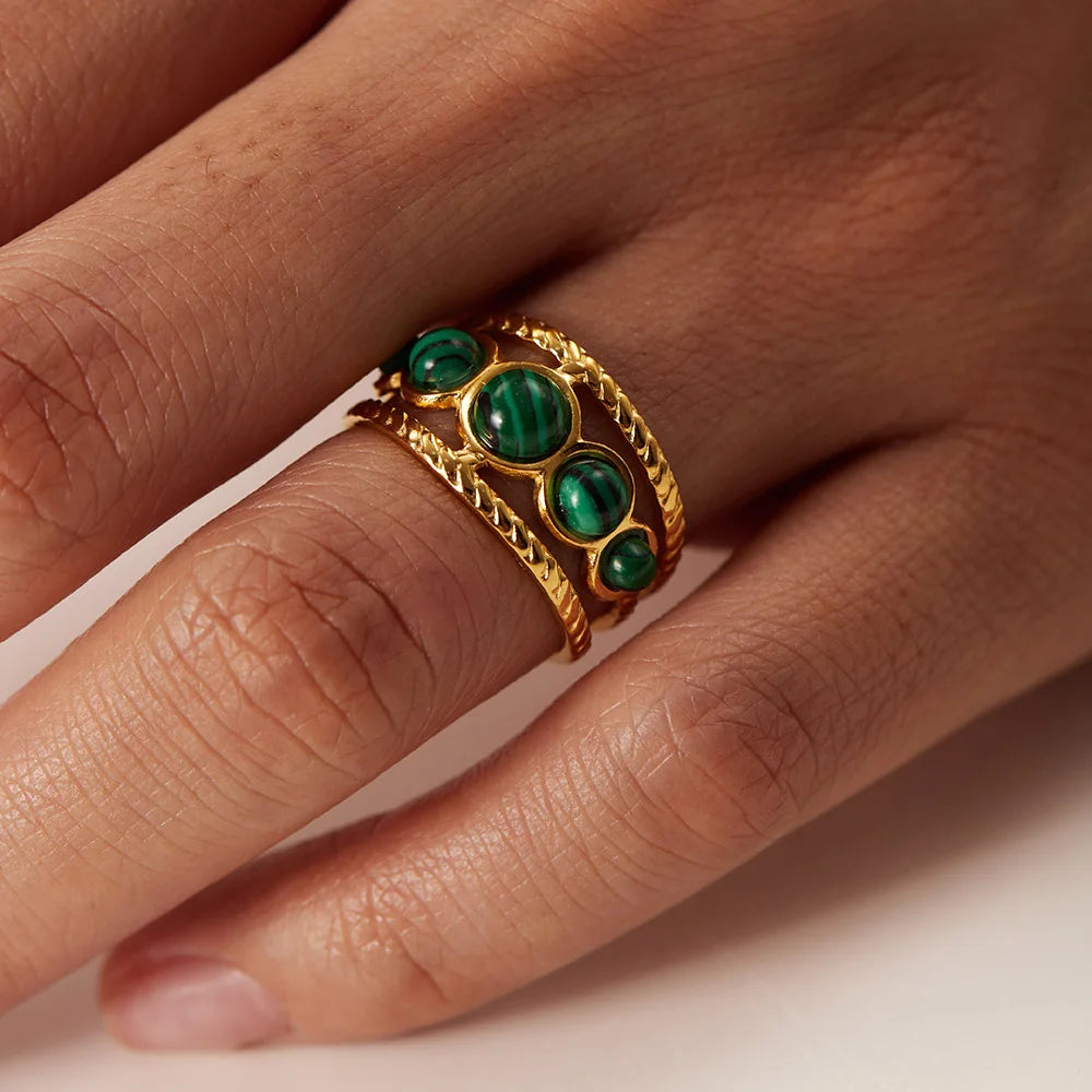 Natural Stone Stainless Steel Ring - Classic Round Design