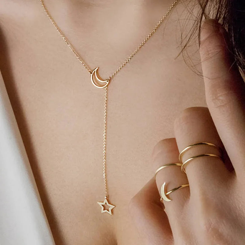 Moon Star Pendant Choker Necklace - Celestial Minimalist Jewelry