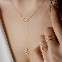 Moon Star Pendant Choker Necklace - Celestial Minimalist Jewelry