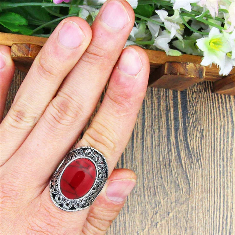 Vintage Hollow Flower Oval Stone Ring - Plant Design Statement Piece