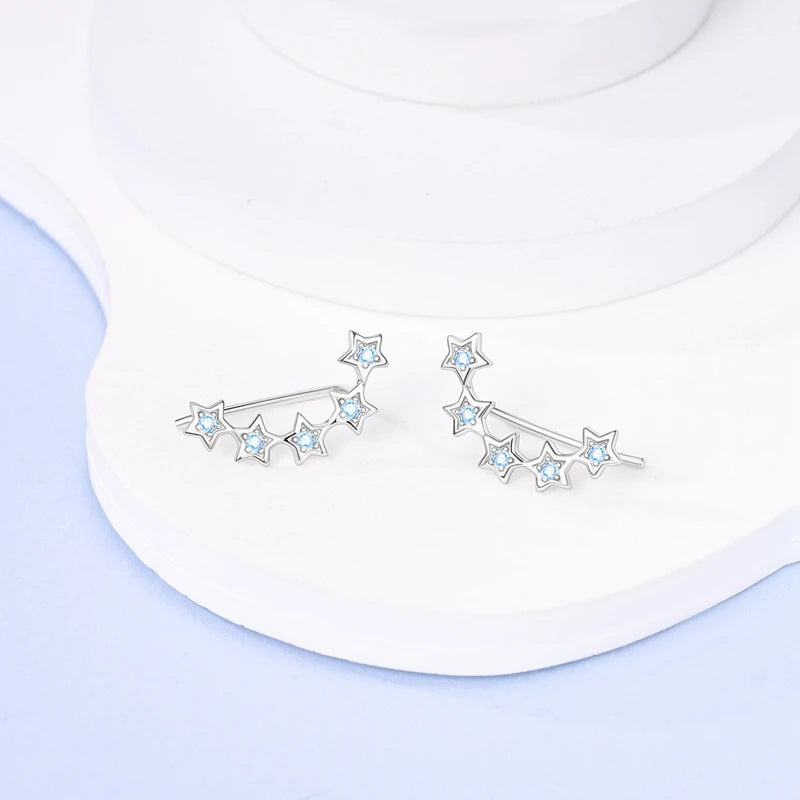 Sparkling Blue Zircon Star Moon Stud Earrings - 925 Sterling Silver Jewelry