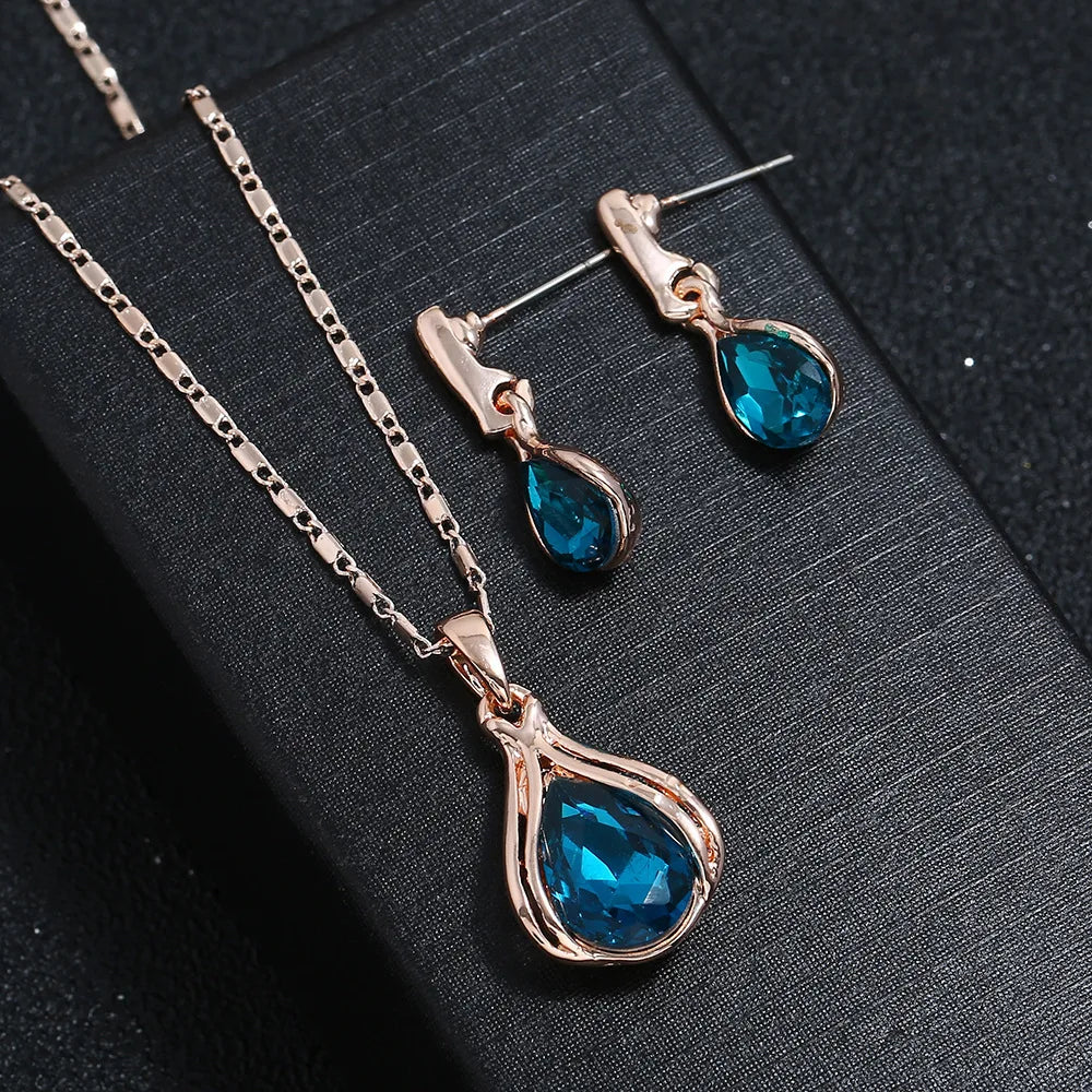 Water Drop Blue Necklace and Earrings Set - Teardrop Crystal Jewelry Collection