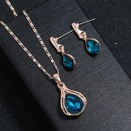Water Drop Blue Necklace and Earrings Set - Teardrop Crystal Jewelry Collection