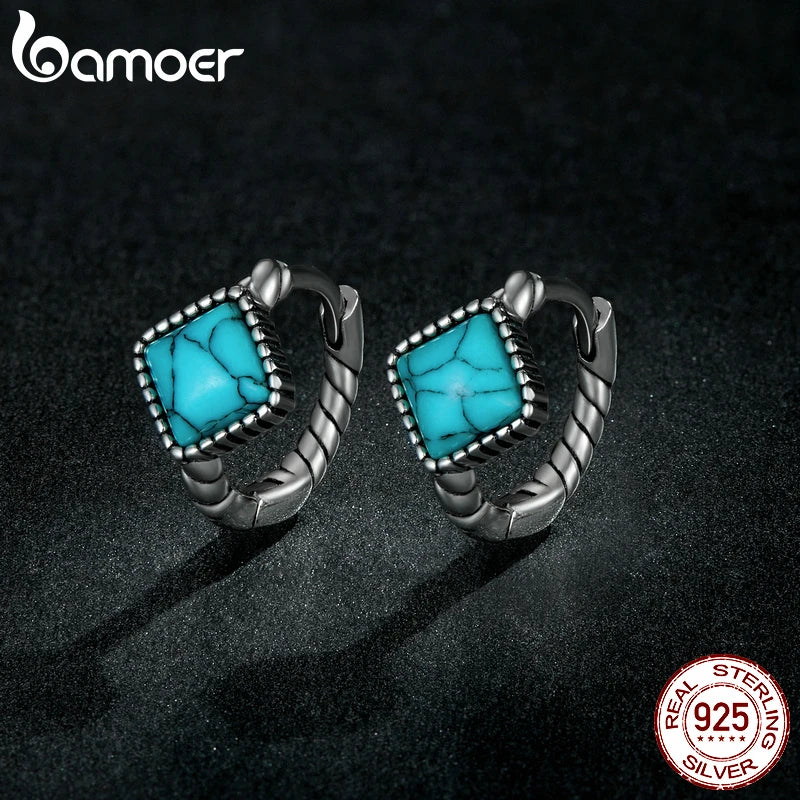 925 Sterling Silver Blue Square Turquoise Earrings - Geometric Gemstone Studs