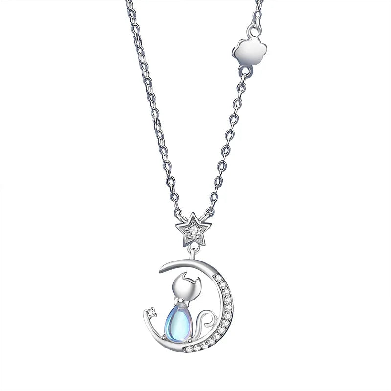 Cat Moon Pendant Necklace - Whimsical Celestial Animal Jewelry