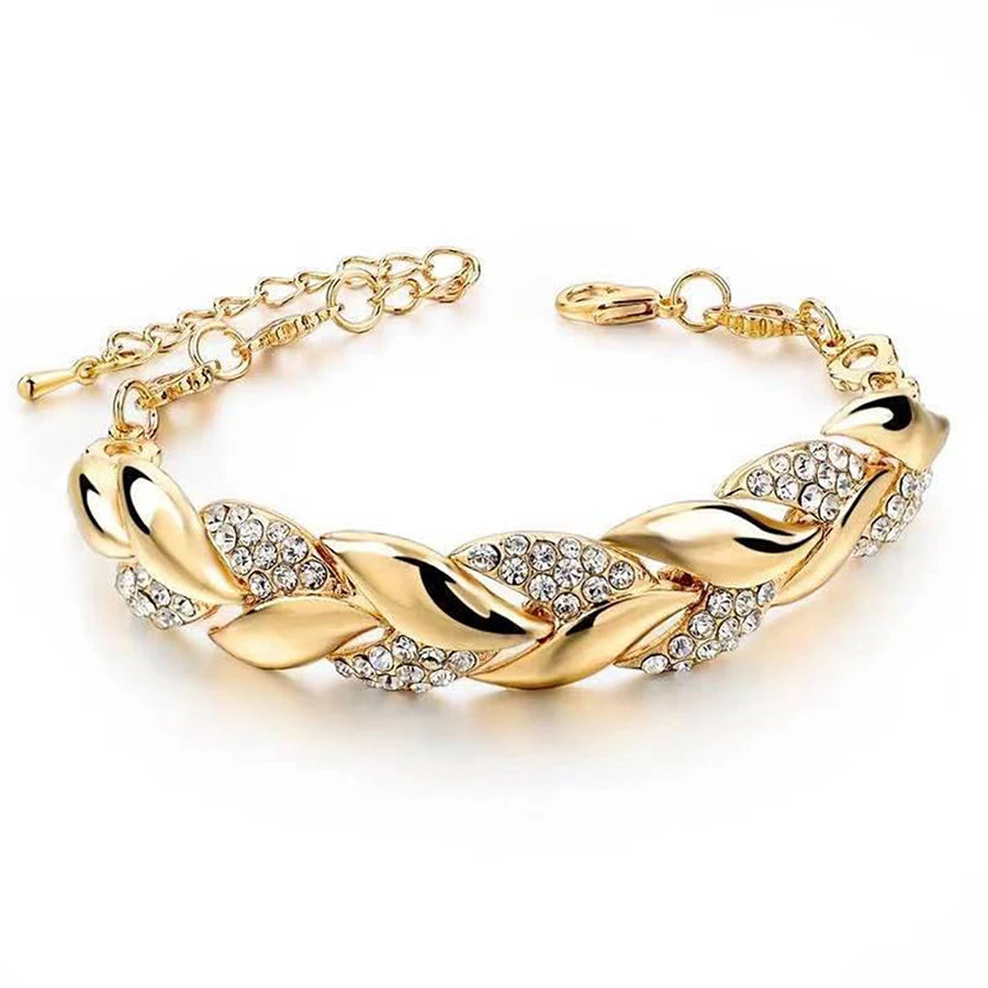 Braided Gold Color Leaf Bracelets - Rhinestone Punk Fashion Jewelry