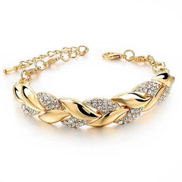 Braided Gold Color Leaf Bracelets - Rhinestone Punk Fashion Jewelry