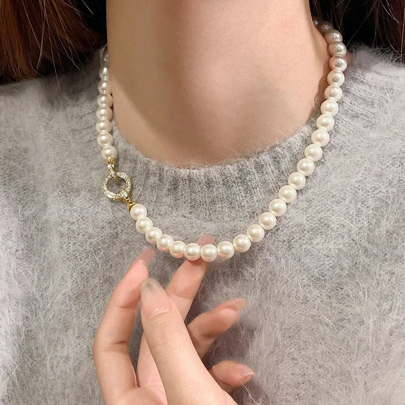Round Pearl Circle Pendant Necklace - Geometric Modern Pearl Jewelry