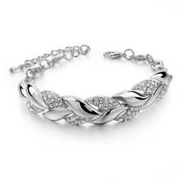 Braided Gold Color Leaf Bracelets - Rhinestone Punk Fashion Jewelry