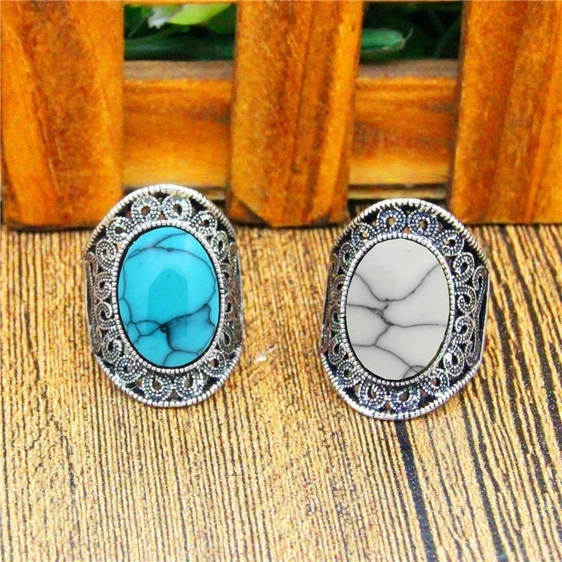 Vintage Hollow Flower Oval Stone Ring - Plant Design Statement Piece