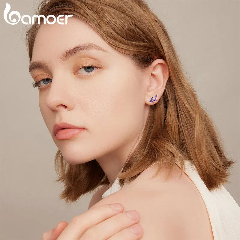 Genuine 925 Sterling Silver Purple Branch Stud Earrings - Fine Jewelry