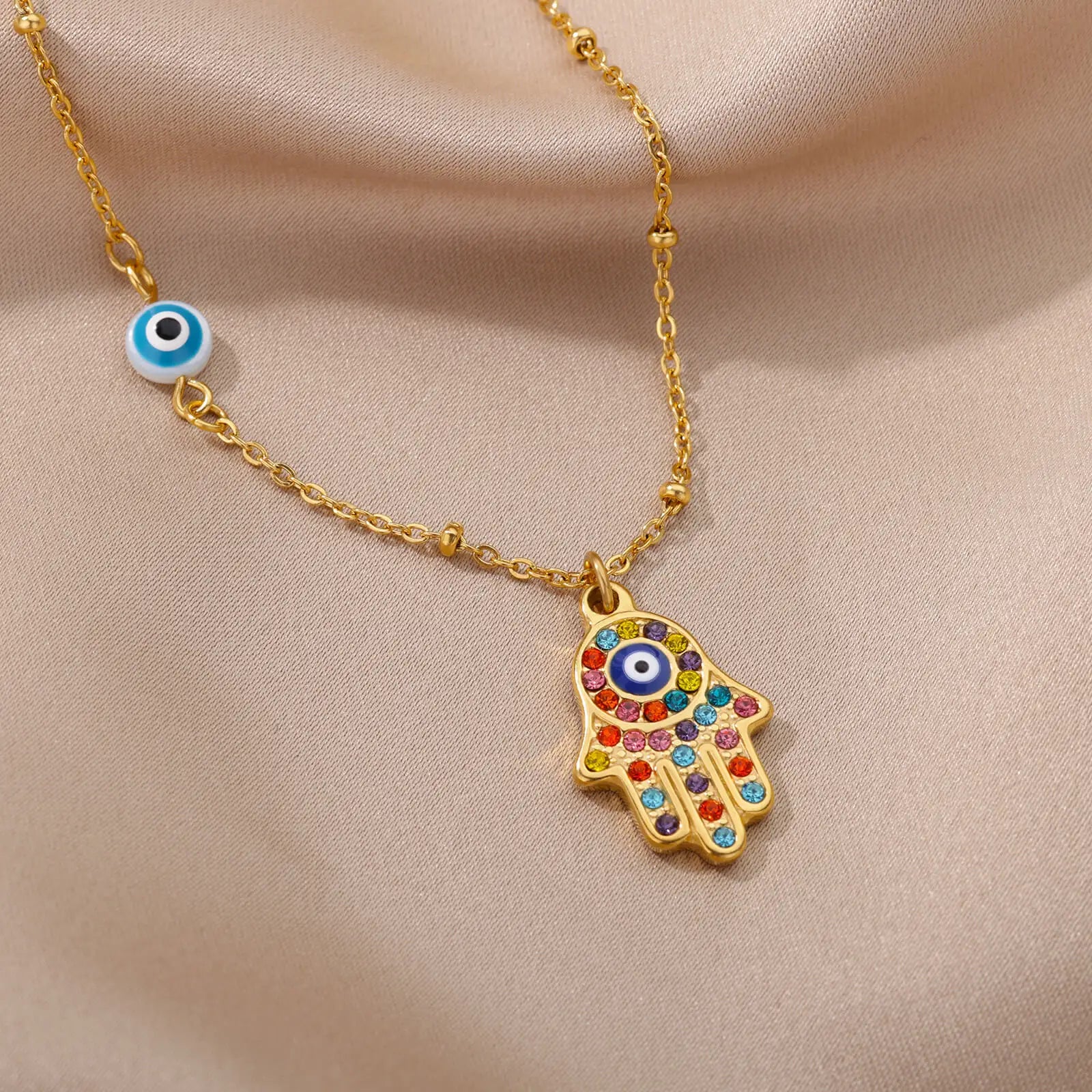 Turkish Eye Zircon Pendant Necklace - Protective Stainless Steel Charm
