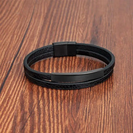 Black Genuine Leather Bracelet - Minimalist Stainless Steel Style