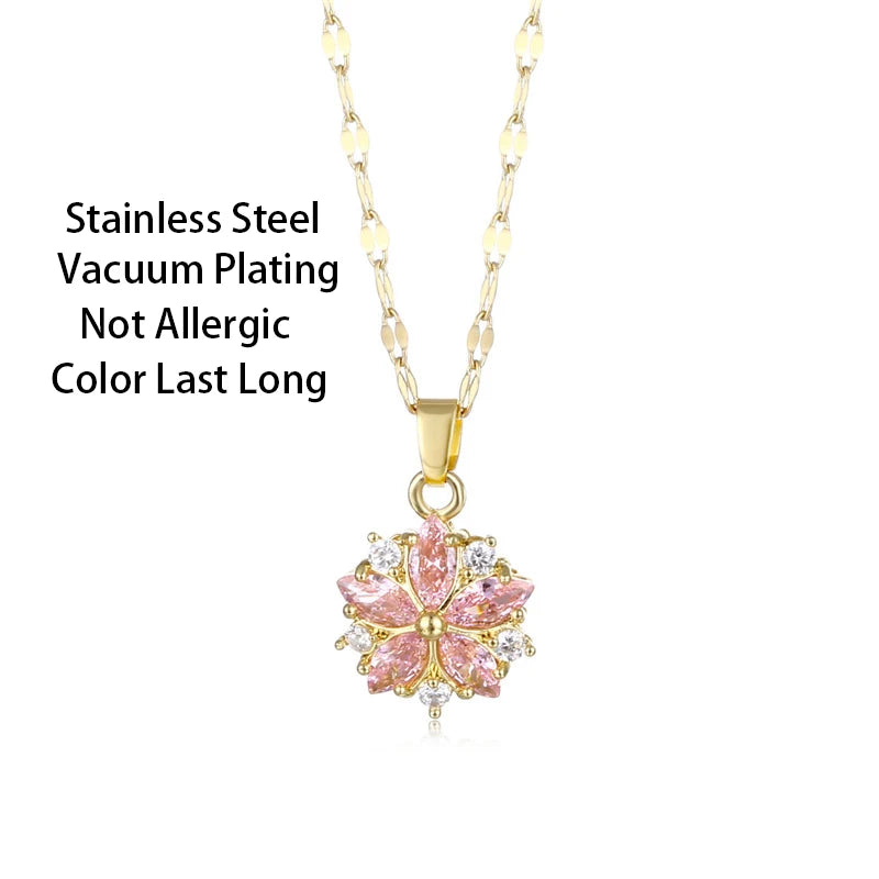 Pink Crystal Sakura Pendant Necklace - Feminine Floral Sparkle