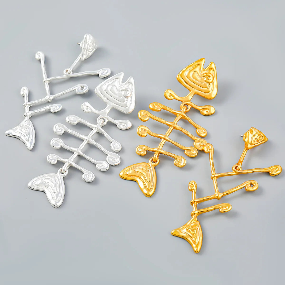 Fish Bone Asymmetric Dangle Earrings - Geometric Zinc Alloy Fashion Jewelry