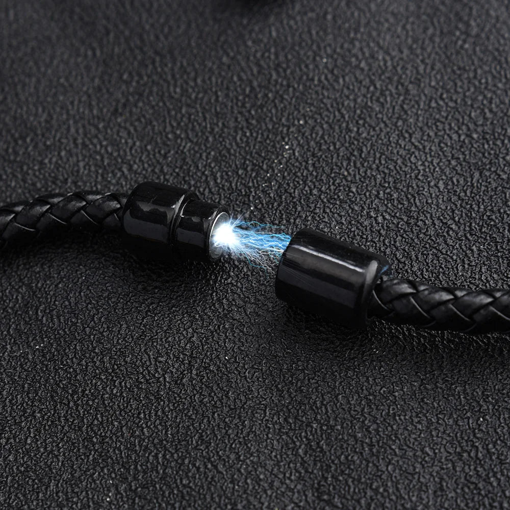 Black Tiger Eye Leather Bracelet - Lava Stone Chakra Beads & Magnetic Clasp