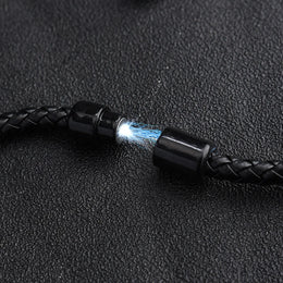 Black Tiger Eye Leather Bracelet - Lava Stone Chakra Beads & Magnetic Clasp