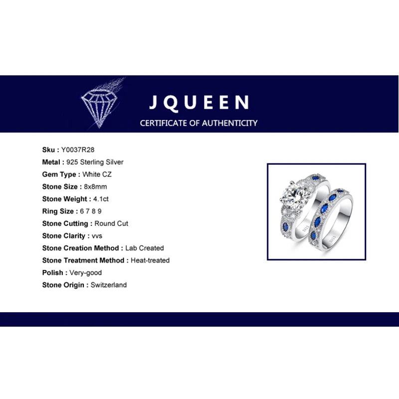 White CZ and Sapphire 925 Sterling Silver Ring Set - Elegant Fine Jewelry