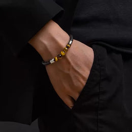 Black Tiger Eye Leather Bracelet - Lava Stone Chakra Beads & Magnetic Clasp