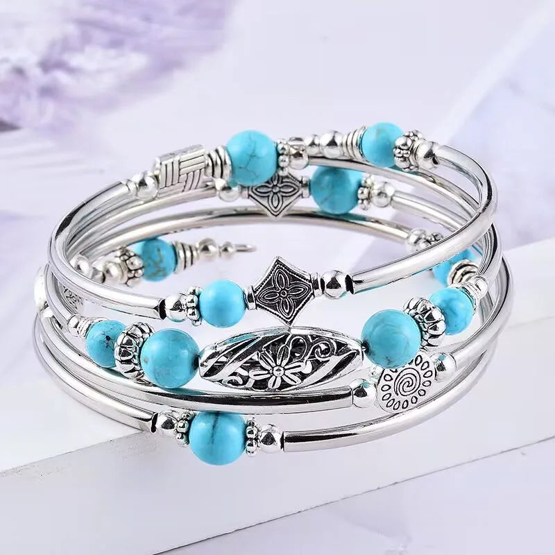 Natural Turquoise Wrapped Bracelet - Stone Beaded Strand Fashion Jewelry