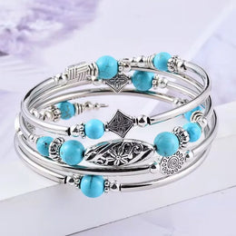 Natural Turquoise Wrapped Bracelet - Stone Beaded Strand Fashion Jewelry
