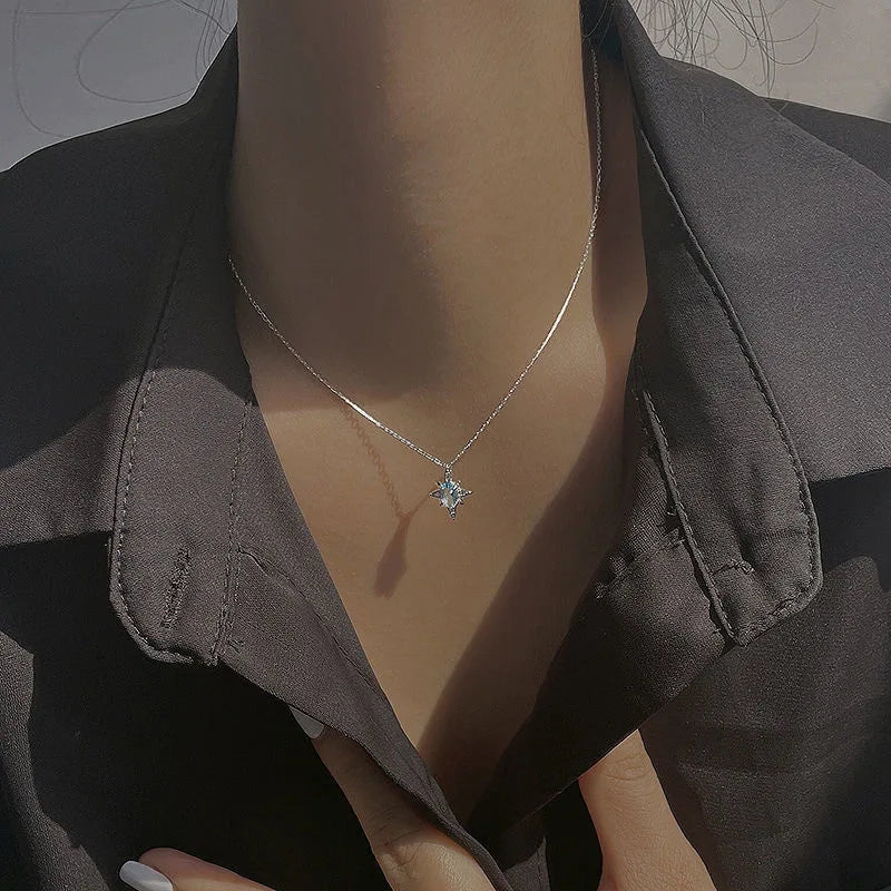 925 Sterling Silver Simple Opal Star Necklace - Celestial Gemstone Jewelry