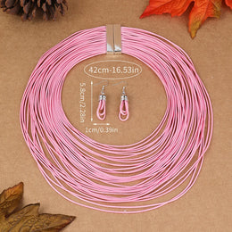 Multilayer Leather Pendant Necklace and Earrings - Bohemian Jewelry Set