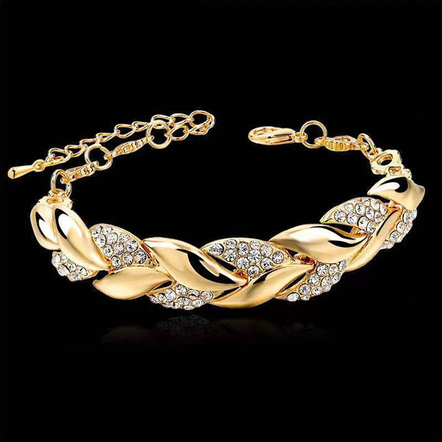 Braided Gold Color Leaf Bracelets - Rhinestone Punk Fashion Jewelry