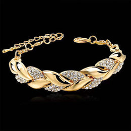 Braided Gold Color Leaf Bracelets - Rhinestone Punk Fashion Jewelry