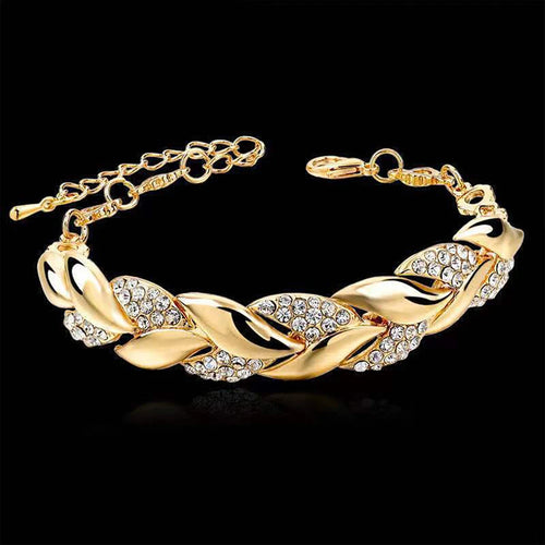 Braided Gold Color Leaf Bracelets - Rhinestone Punk Fashion Jewelry
