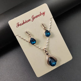 Water Drop Blue Necklace and Earrings Set - Teardrop Crystal Jewelry Collection