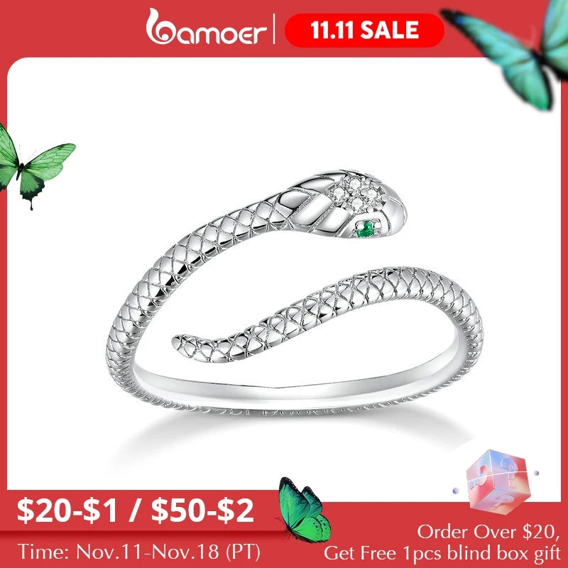 Sterling Silver Snake Adjustable Ring - Zircon Pave Fashion Jewelry
