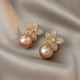 Rose Gold Pearl Flower Dangle Earrings - Elegant Rhinestone Fashion Jewelry