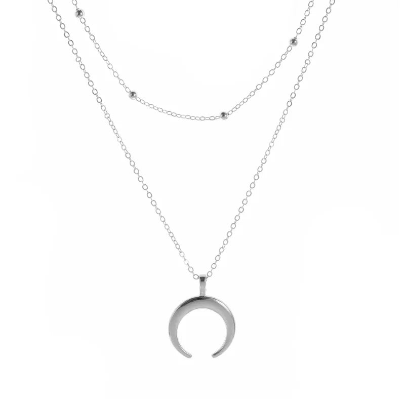 Double Layer Moon Pendant Necklace - Gold-Tone Celestial Jewelry