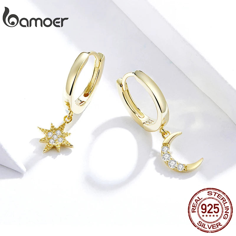 Genuine 925 Sterling Silver Moon and Star Dangle Earrings - Fine Jewelry
